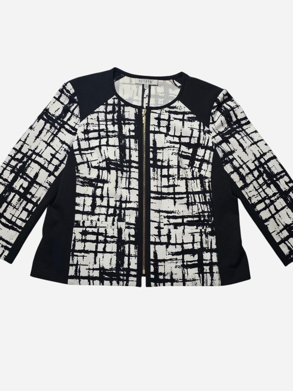 Kasper Black & White Grid-Print Zip Front Blazer